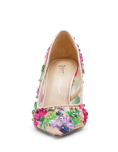 NETTA NUDE MULTI Women's Floral Embellished Nude Mesh High Heel | Betsey Johnson Exclusive
