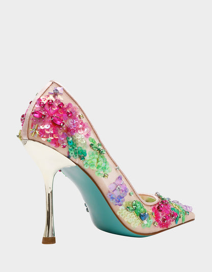 NETTA NUDE MULTI Women's Floral Embellished Nude Mesh High Heel | Betsey Johnson Exclusive