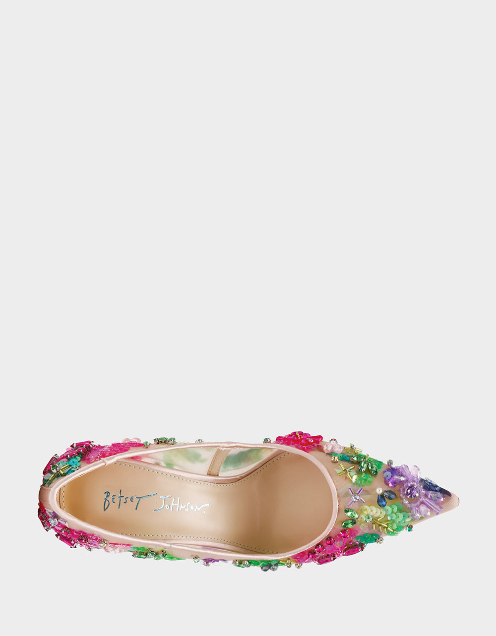 NETTA NUDE MULTI Women's Floral Embellished Nude Mesh High Heel | Betsey Johnson Exclusive
