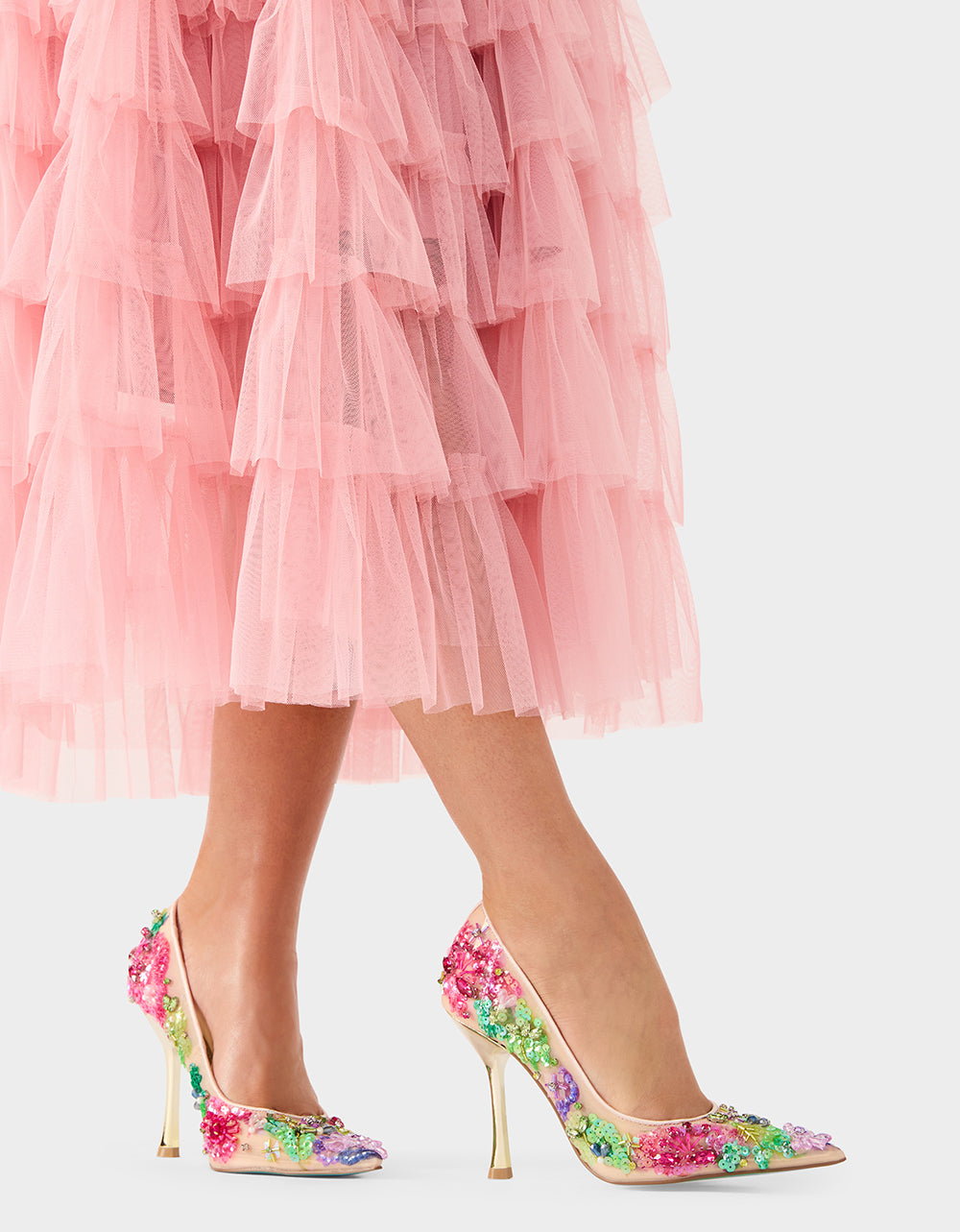 NETTA NUDE MULTI Women's Floral Embellished Nude Mesh High Heel | Betsey Johnson Exclusive