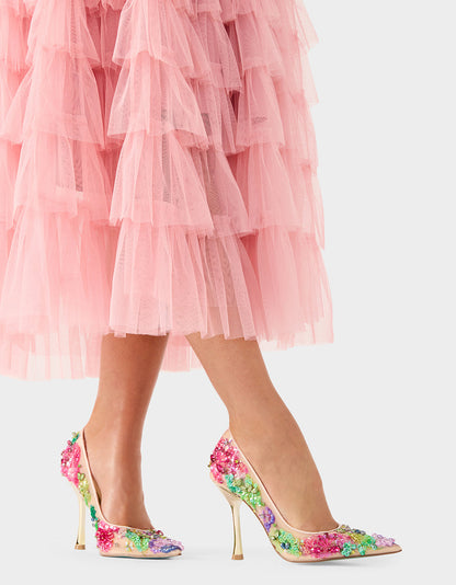 NETTA NUDE MULTI Women's Floral Embellished Nude Mesh High Heel | Betsey Johnson Exclusive