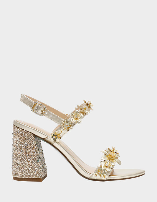 DRUE LIGHT GOLD Strappy Open-Toe Rhinestone Embellished Flower Women's Heel | Betsey Johnson Sale