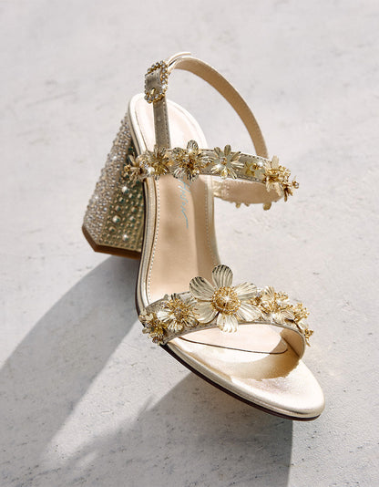 DRUE LIGHT GOLD Strappy Open-Toe Rhinestone Embellished Flower Women's Heel | Betsey Johnson Sale