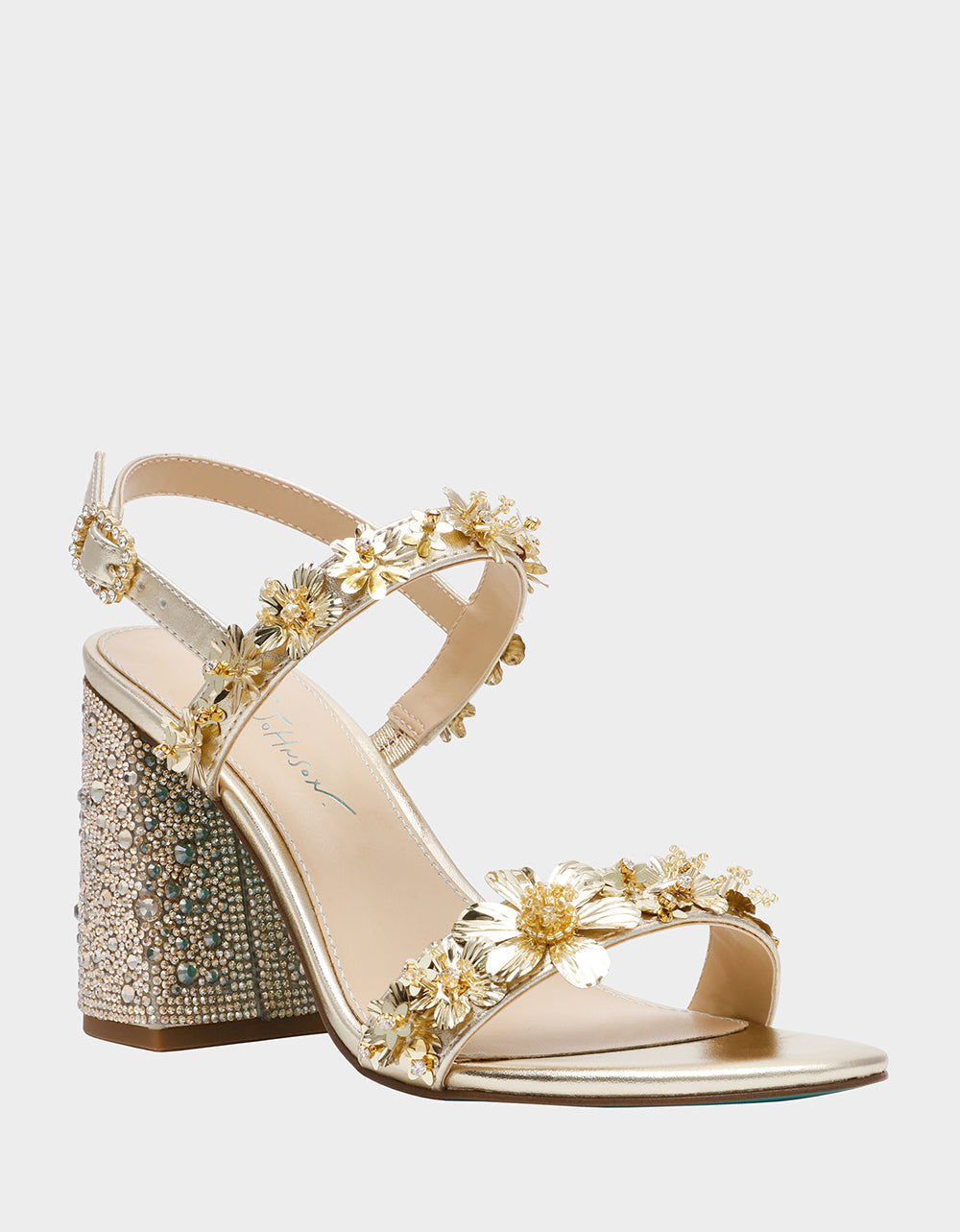 DRUE LIGHT GOLD Strappy Open-Toe Rhinestone Embellished Flower Women's Heel | Betsey Johnson Sale