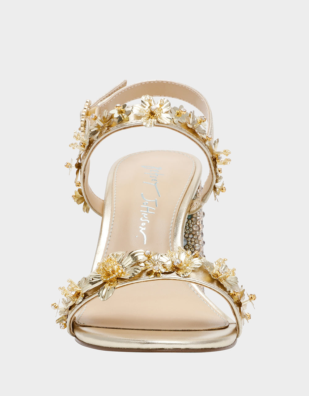 DRUE LIGHT GOLD Strappy Open-Toe Rhinestone Embellished Flower Women's Heel | Betsey Johnson Sale