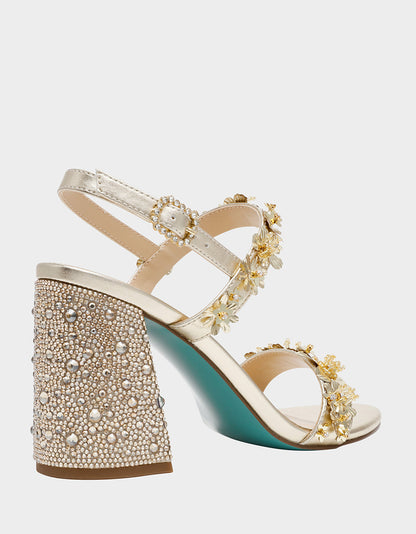 DRUE LIGHT GOLD Strappy Open-Toe Rhinestone Embellished Flower Women's Heel | Betsey Johnson Sale