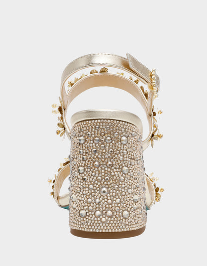 DRUE LIGHT GOLD Strappy Open-Toe Rhinestone Embellished Flower Women's Heel | Betsey Johnson Sale