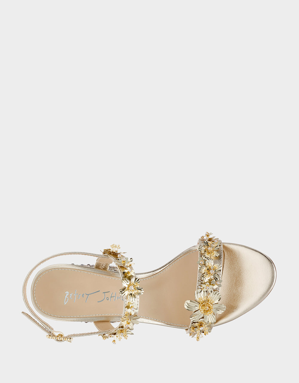 DRUE LIGHT GOLD Strappy Open-Toe Rhinestone Embellished Flower Women's Heel | Betsey Johnson Sale
