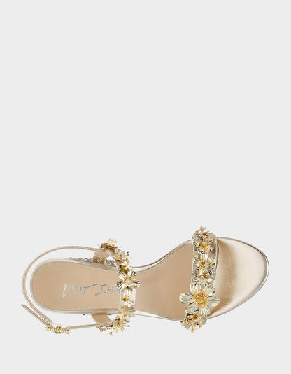 DRUE LIGHT GOLD Strappy Open-Toe Rhinestone Embellished Flower Women's Heel | Betsey Johnson Sale