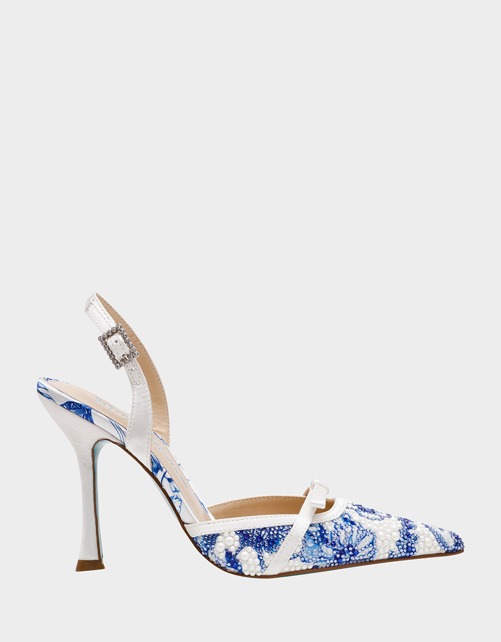 ROZA WHITE/BLUE FLORAL Women's Pointed Toe Stiletto Floral Heel | Betsey Johnson Classic