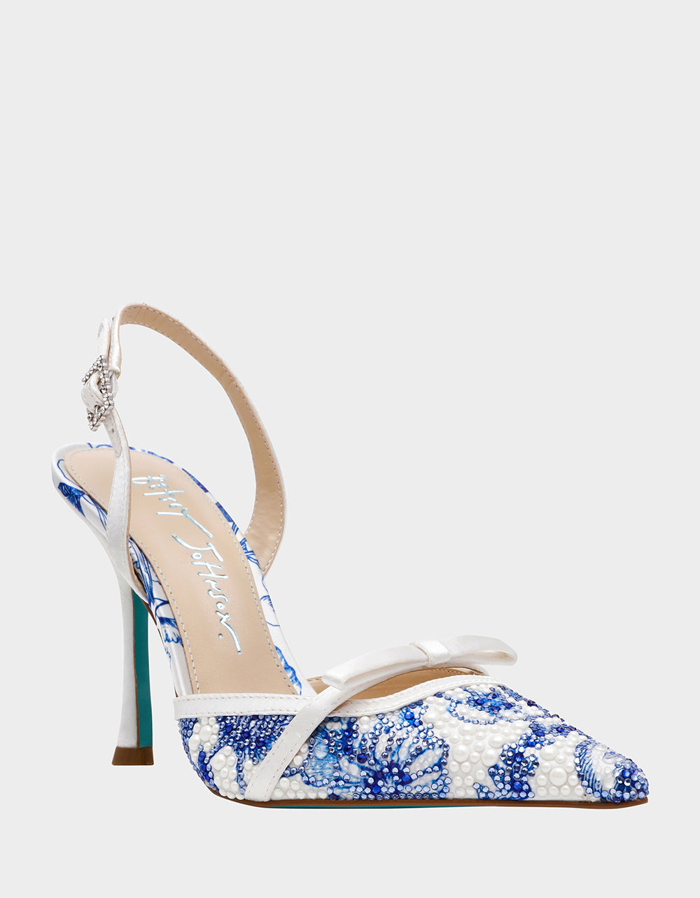 ROZA WHITE/BLUE FLORAL Women's Pointed Toe Stiletto Floral Heel | Betsey Johnson Classic