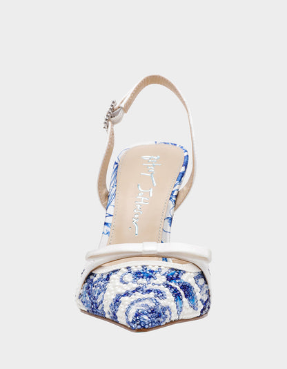 ROZA WHITE/BLUE FLORAL Women's Pointed Toe Stiletto Floral Heel | Betsey Johnson Classic