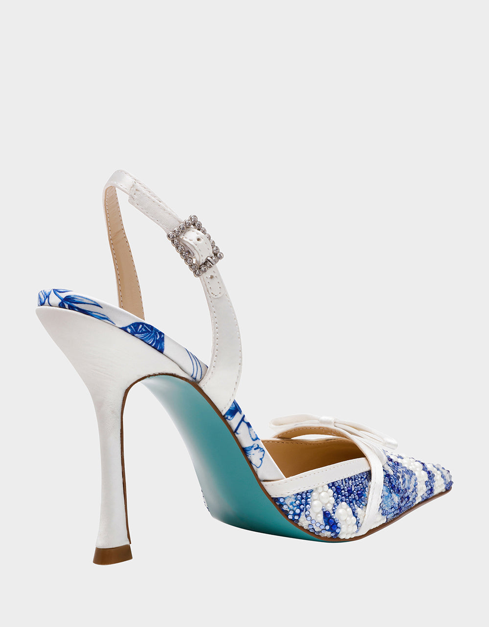 ROZA WHITE/BLUE FLORAL Women's Pointed Toe Stiletto Floral Heel | Betsey Johnson Classic