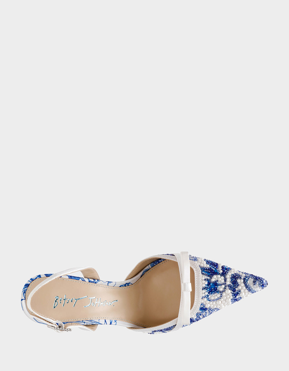 ROZA WHITE/BLUE FLORAL Women's Pointed Toe Stiletto Floral Heel | Betsey Johnson Classic