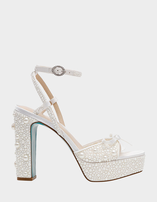 ENOLA PEARL Women's Strappy Block Heel Square-Toe Platform Pearl Embellished Women's Heel | Betsey Johnson Recommended