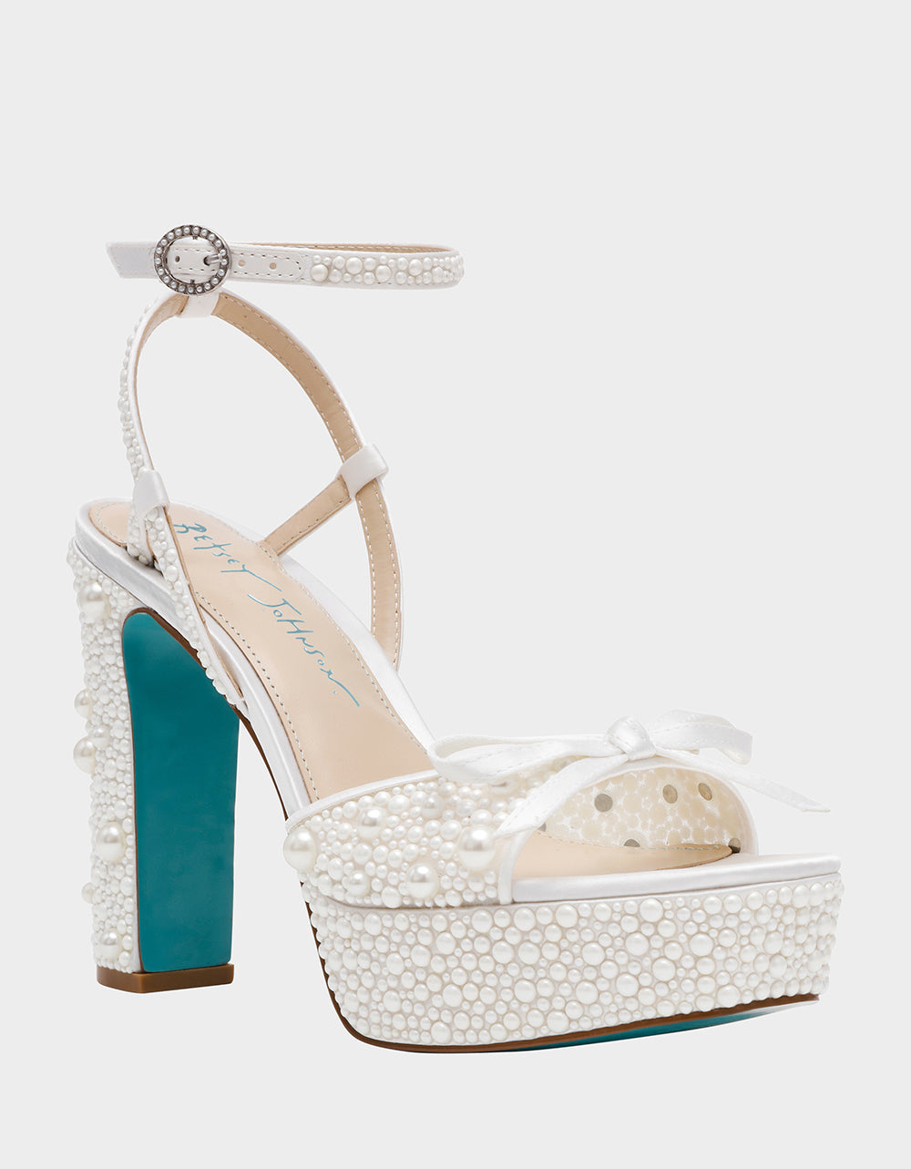 ENOLA PEARL Women's Strappy Block Heel Square-Toe Platform Pearl Embellished Women's Heel | Betsey Johnson Recommended