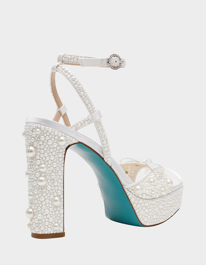 ENOLA PEARL Women's Strappy Block Heel Square-Toe Platform Pearl Embellished Women's Heel | Betsey Johnson Recommended