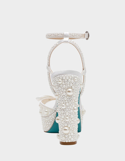 ENOLA PEARL Women's Strappy Block Heel Square-Toe Platform Pearl Embellished Women's Heel | Betsey Johnson Recommended