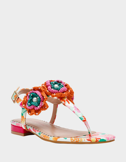 CINDII WHITE MULTI T-Strap Flat Thong Sandal | Betsey Johnson Premium