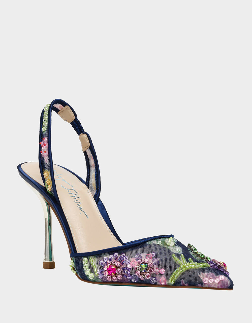 VELMA NAVY MULTI Pointed-Toe Stiletto Pump Mesh Heel | Betsey Johnson Quality