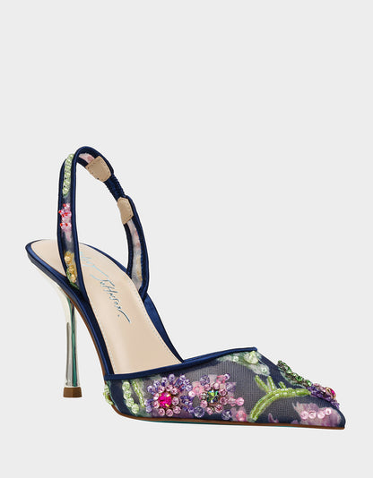 VELMA NAVY MULTI Pointed-Toe Stiletto Pump Mesh Heel | Betsey Johnson Quality