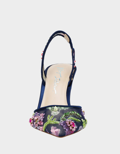 VELMA NAVY MULTI Pointed-Toe Stiletto Pump Mesh Heel | Betsey Johnson Quality