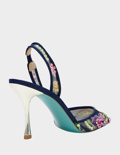 VELMA NAVY MULTI Pointed-Toe Stiletto Pump Mesh Heel | Betsey Johnson Quality