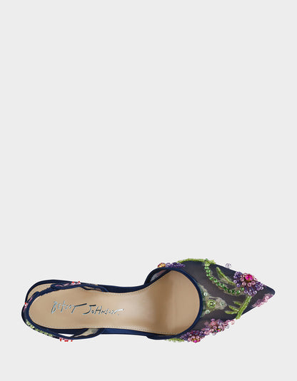 VELMA NAVY MULTI Pointed-Toe Stiletto Pump Mesh Heel | Betsey Johnson Quality