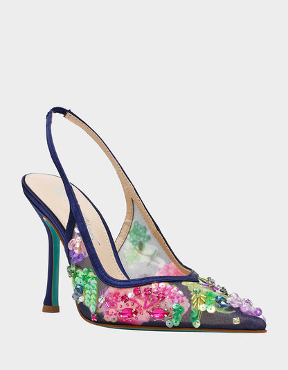 EDDIE NAVY MULTI Women's Floral Embellished Slingback Mesh High Heel | Betsey Johnson Deals