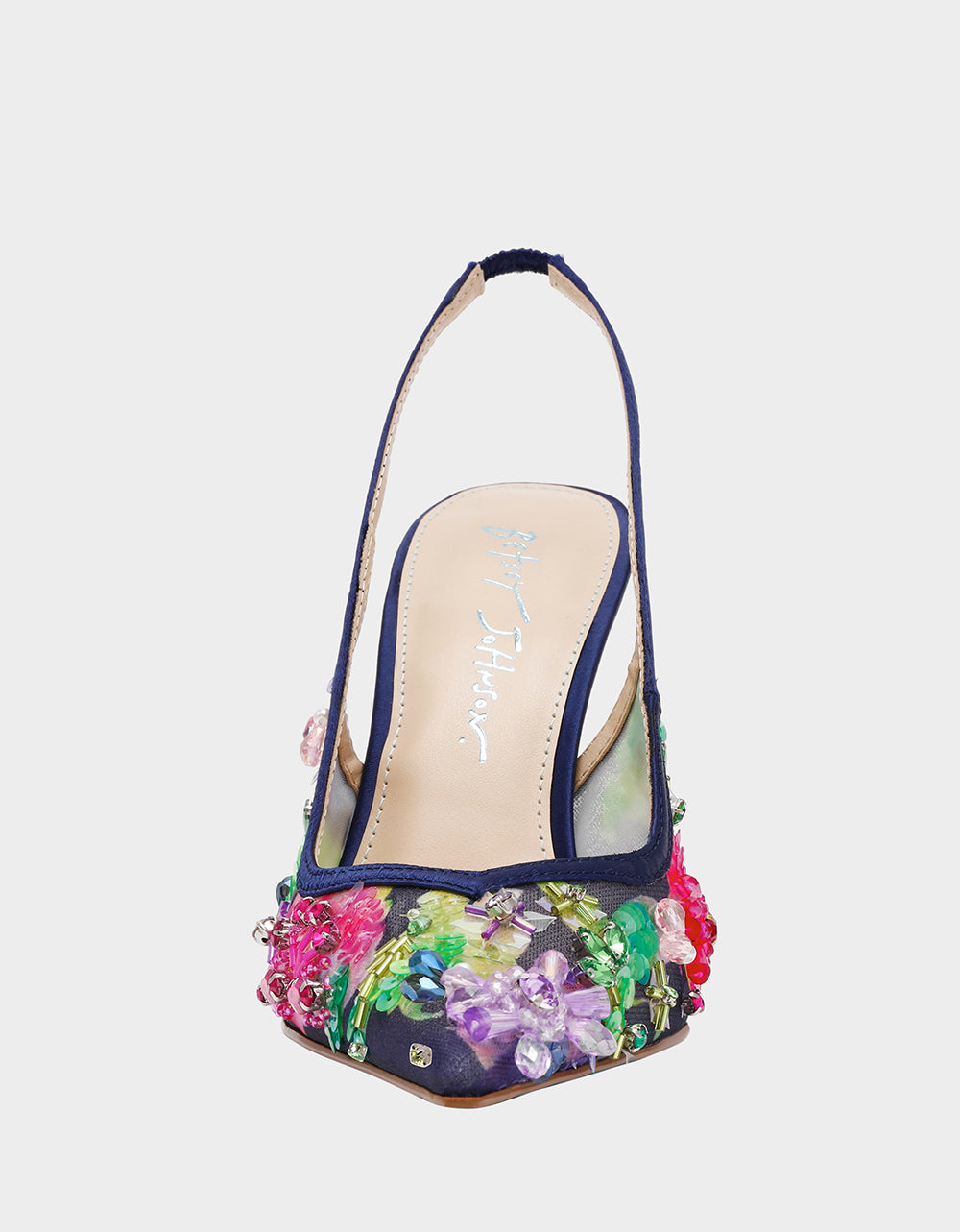 EDDIE NAVY MULTI Women's Floral Embellished Slingback Mesh High Heel | Betsey Johnson Deals