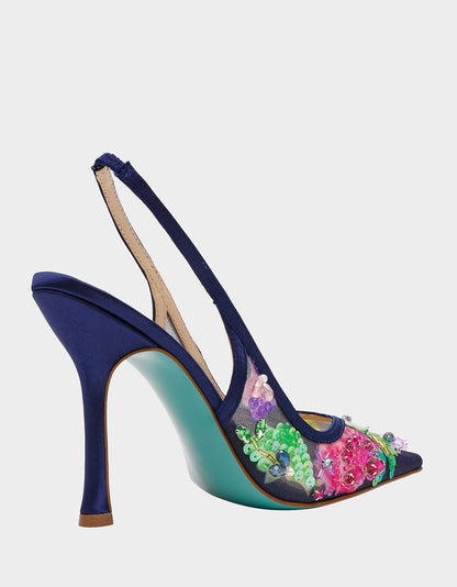 EDDIE NAVY MULTI Women's Floral Embellished Slingback Mesh High Heel | Betsey Johnson Deals