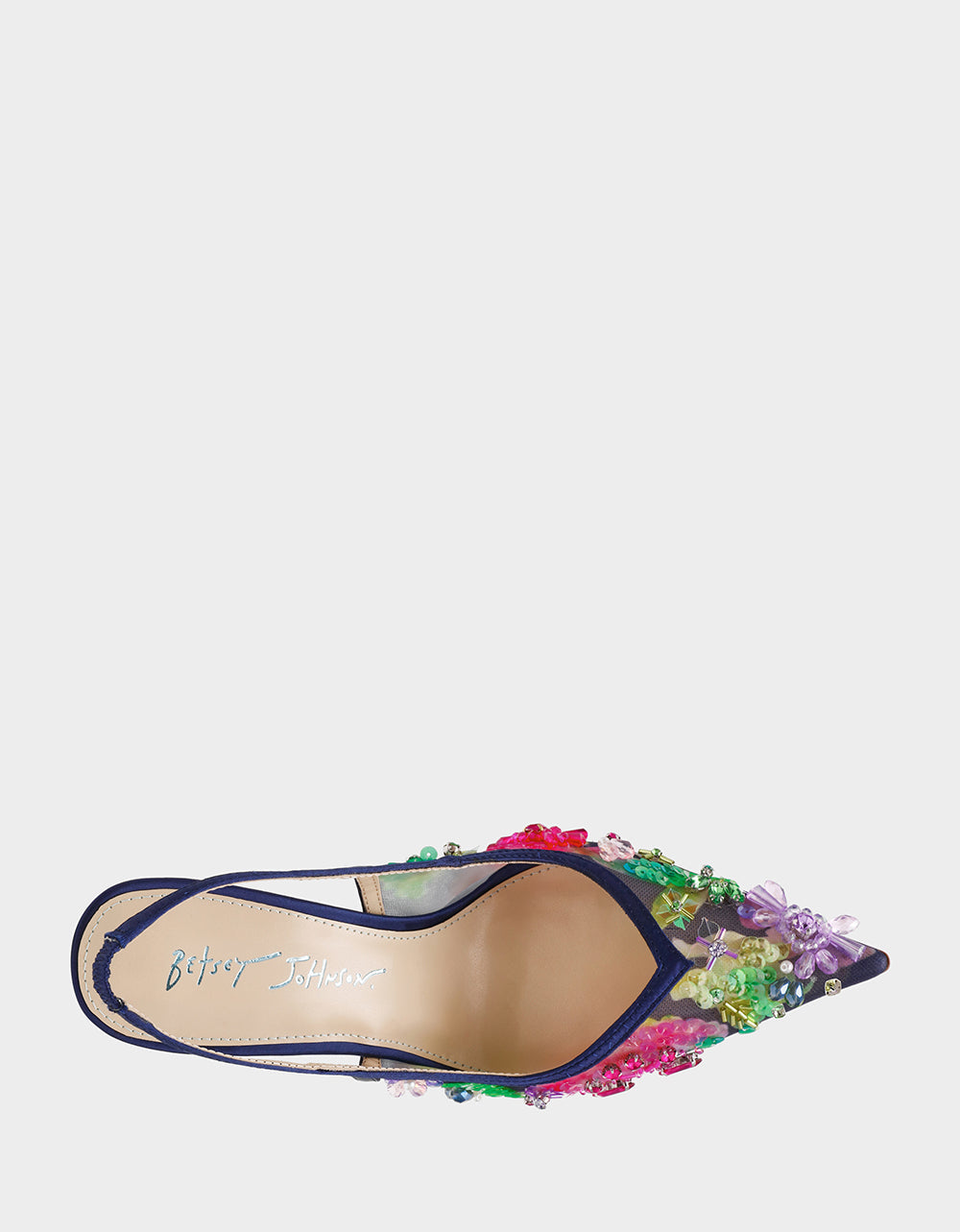 EDDIE NAVY MULTI Women's Floral Embellished Slingback Mesh High Heel | Betsey Johnson Deals