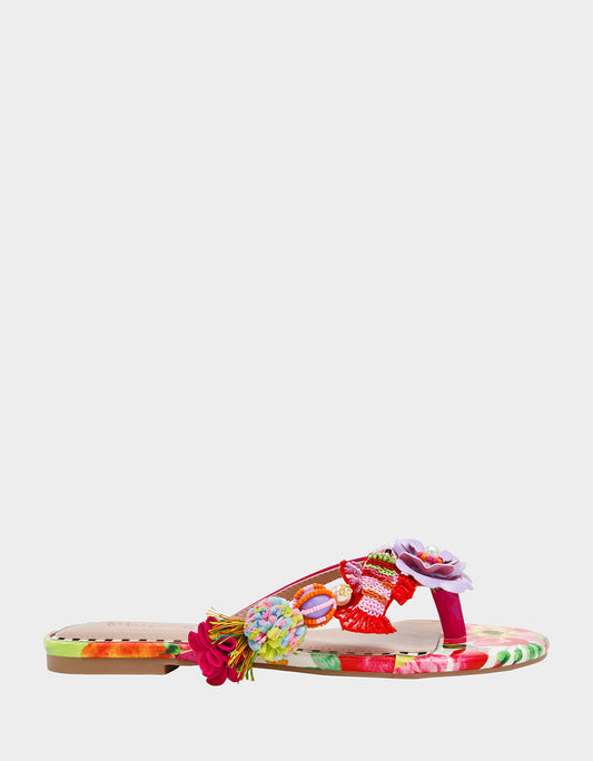 DOLORIS Bright Multi Women's Thong Strappy Flower Embellished Sandal | Betsey Johnson Quality