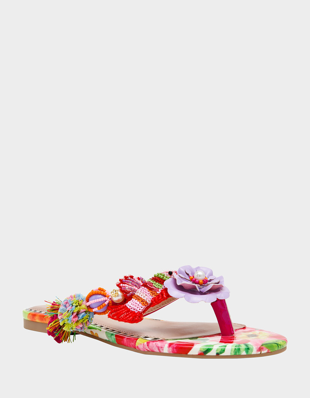 DOLORIS Bright Multi Women's Thong Strappy Flower Embellished Sandal | Betsey Johnson Quality
