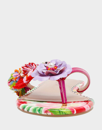DOLORIS Bright Multi Women's Thong Strappy Flower Embellished Sandal | Betsey Johnson Quality