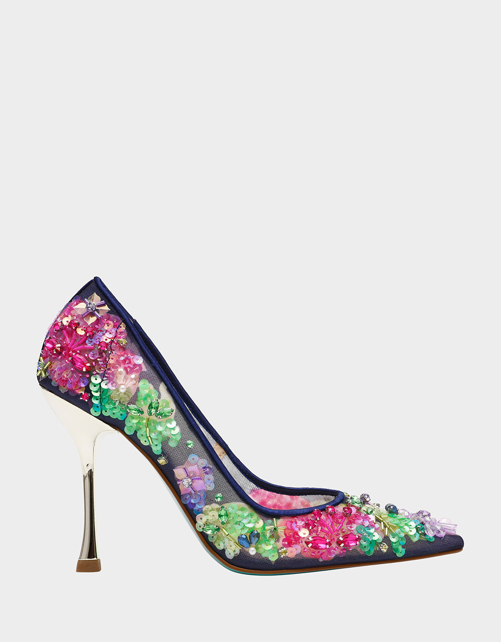 NETTA NAVY MULTI Women's Floral Embellished Navy Mesh High Heel | Betsey Johnson Trusted