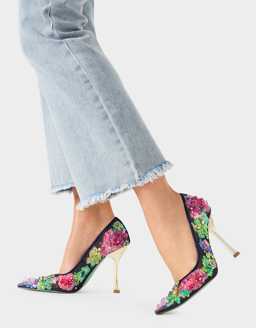 NETTA NAVY MULTI Women's Floral Embellished Navy Mesh High Heel | Betsey Johnson Trusted