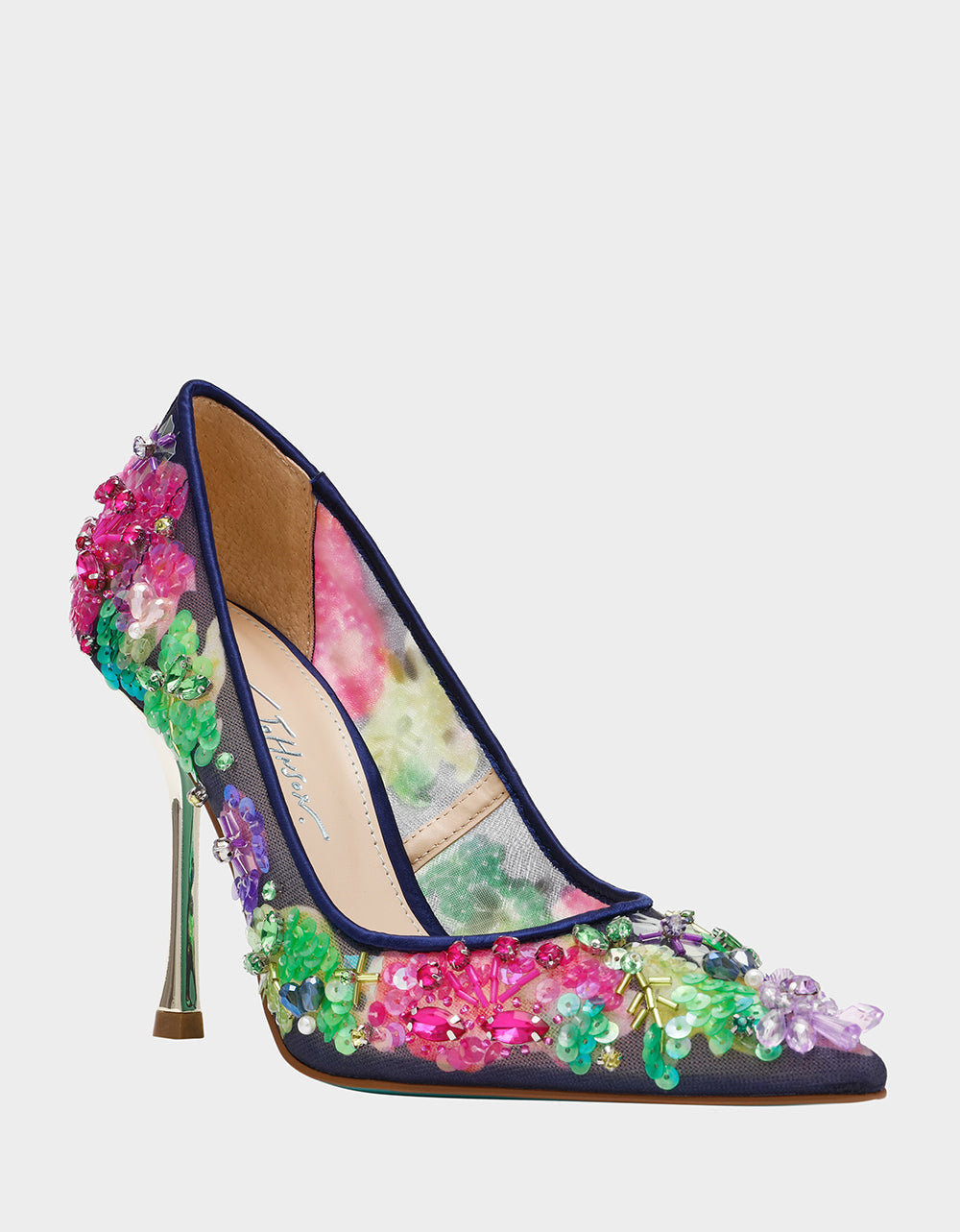 NETTA NAVY MULTI Women's Floral Embellished Navy Mesh High Heel | Betsey Johnson Trusted