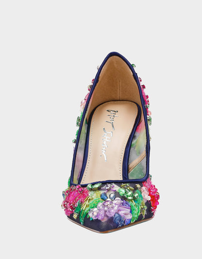 NETTA NAVY MULTI Women's Floral Embellished Navy Mesh High Heel | Betsey Johnson Trusted