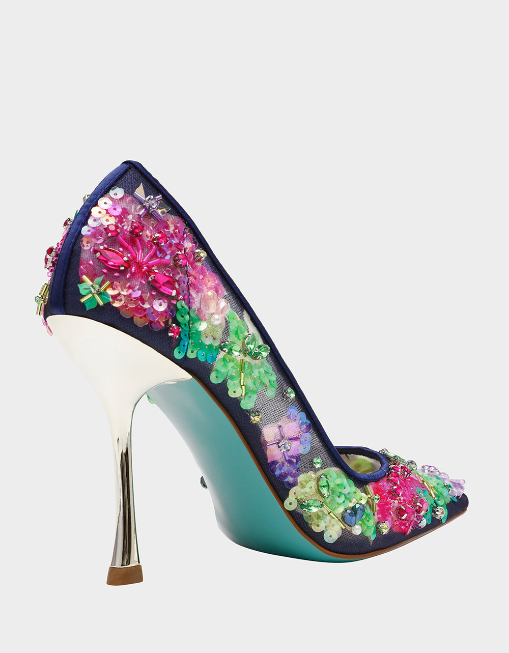 NETTA NAVY MULTI Women's Floral Embellished Navy Mesh High Heel | Betsey Johnson Trusted