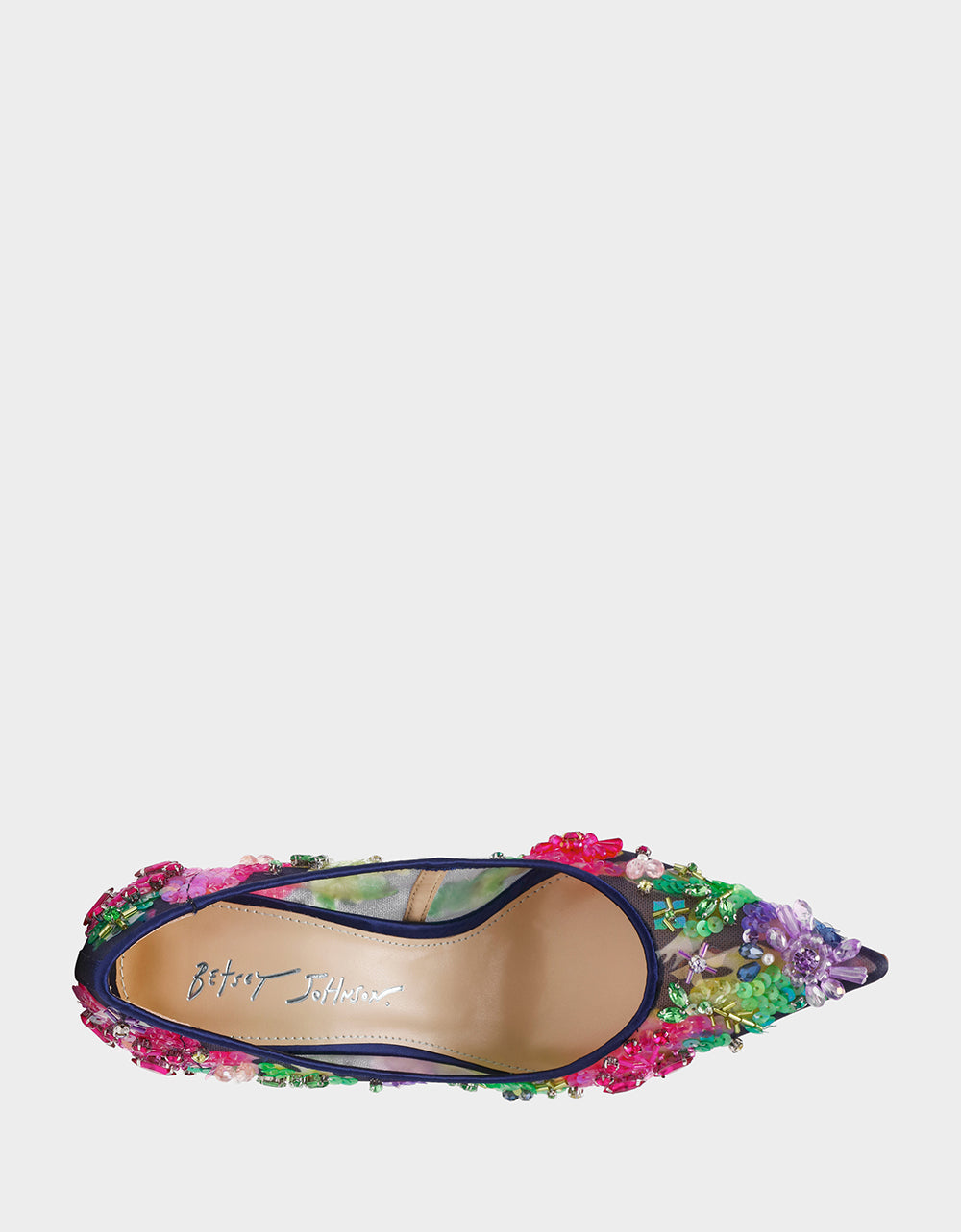 NETTA NAVY MULTI Women's Floral Embellished Navy Mesh High Heel | Betsey Johnson Trusted
