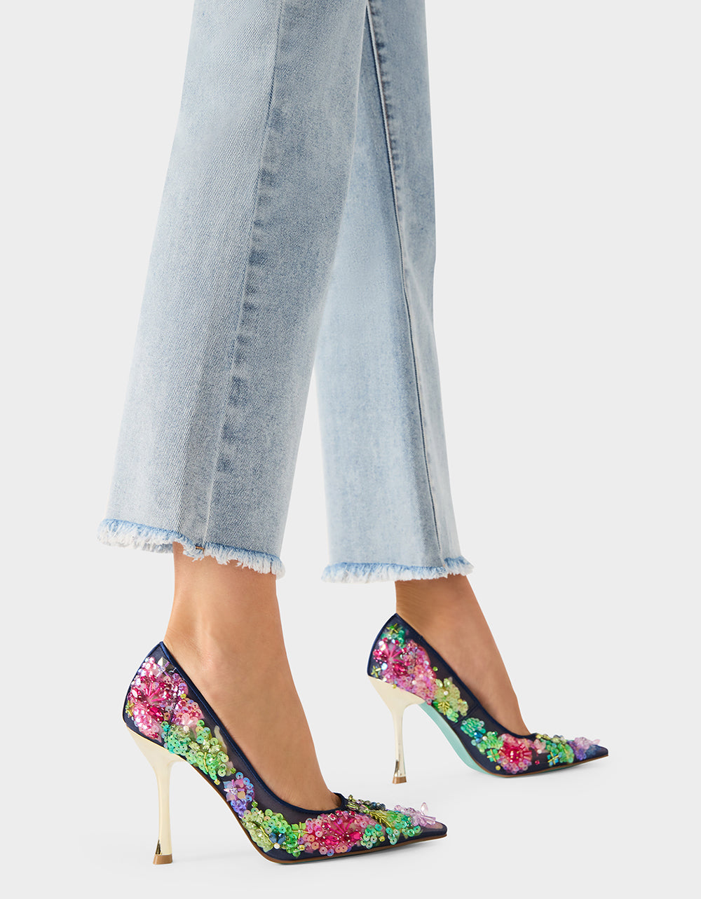 NETTA NAVY MULTI Women's Floral Embellished Navy Mesh High Heel | Betsey Johnson Trusted
