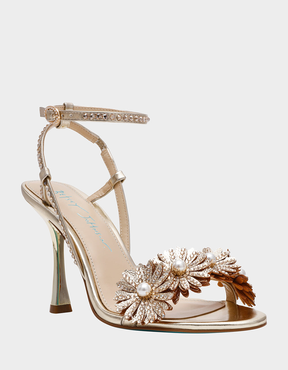 MYLEE GOLD Women's Strappy Open-Toe Floral Rhinestone Embellished Heel | Betsey Johnson Best Seller