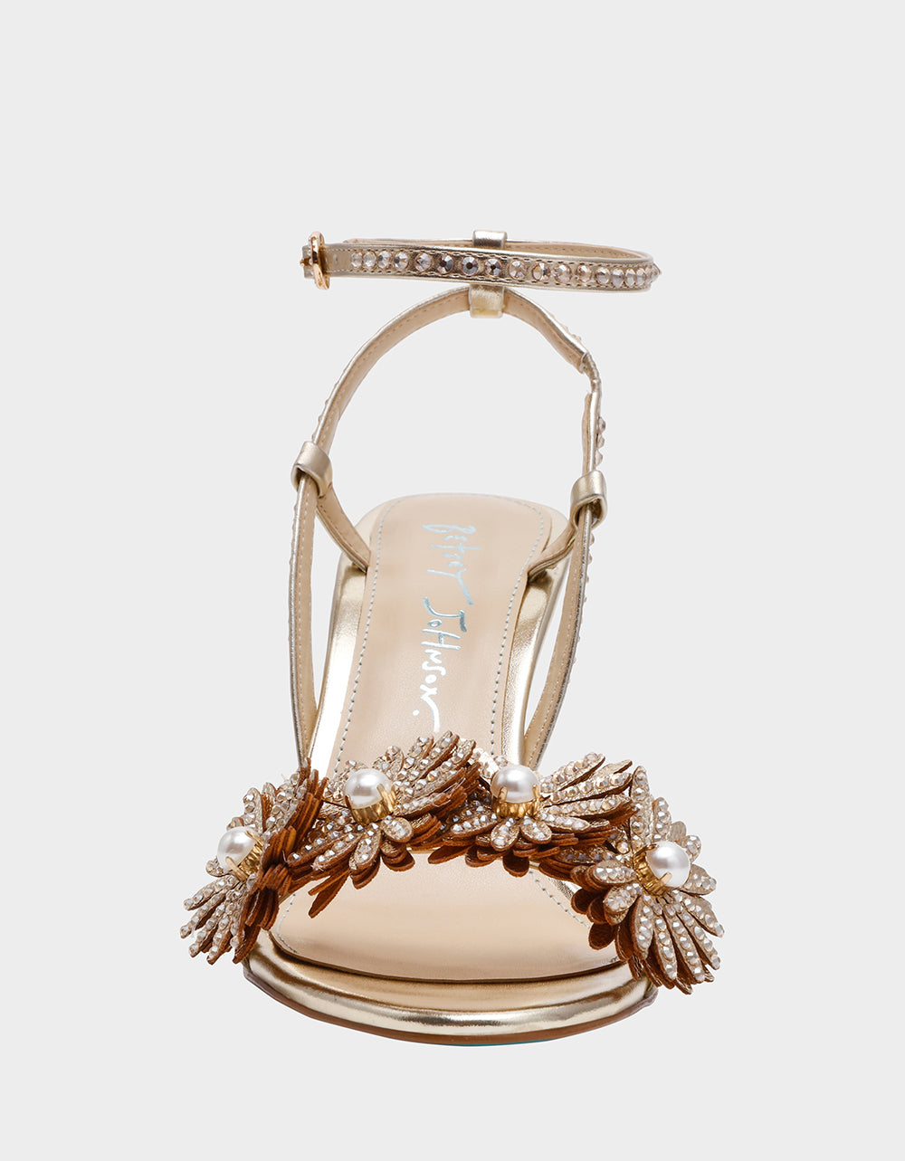 MYLEE GOLD Women's Strappy Open-Toe Floral Rhinestone Embellished Heel | Betsey Johnson Best Seller