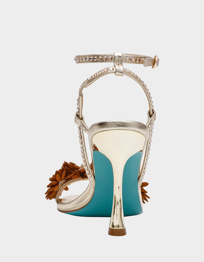 MYLEE GOLD Women's Strappy Open-Toe Floral Rhinestone Embellished Heel | Betsey Johnson Best Seller
