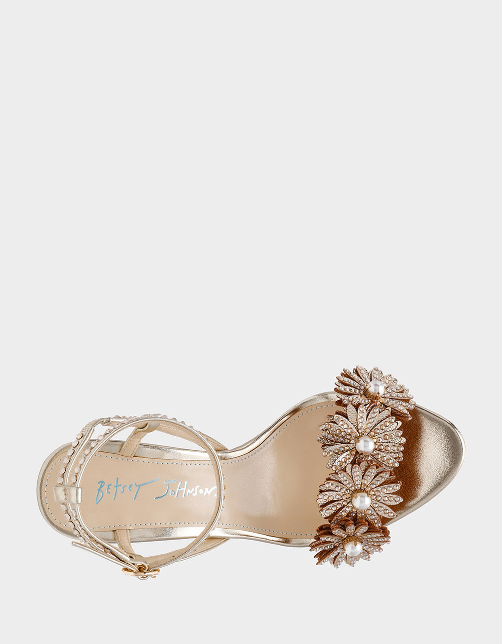 MYLEE GOLD Women's Strappy Open-Toe Floral Rhinestone Embellished Heel | Betsey Johnson Best Seller