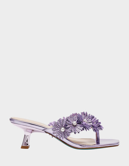 LESLI Purple Women's Square-Toe Mule Kitten Heel Rhinestone Embellished Flower Heel | Betsey Johnson Classic