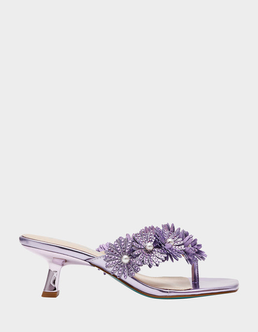 LESLI Purple Women's Square-Toe Mule Kitten Heel Rhinestone Embellished Flower Heel | Betsey Johnson Classic