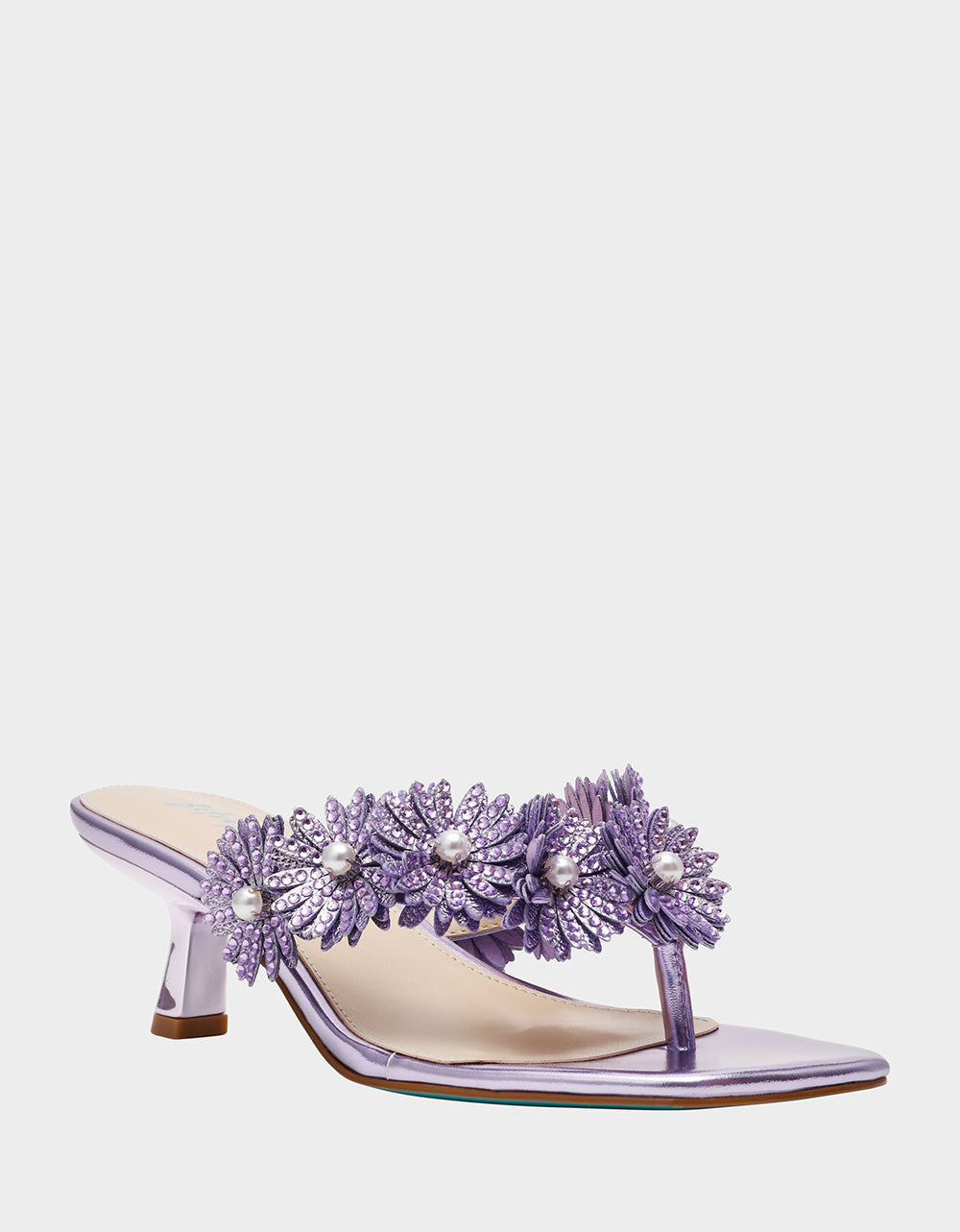LESLI Purple Women's Square-Toe Mule Kitten Heel Rhinestone Embellished Flower Heel | Betsey Johnson Classic