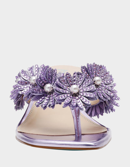 LESLI Purple Women's Square-Toe Mule Kitten Heel Rhinestone Embellished Flower Heel | Betsey Johnson Classic